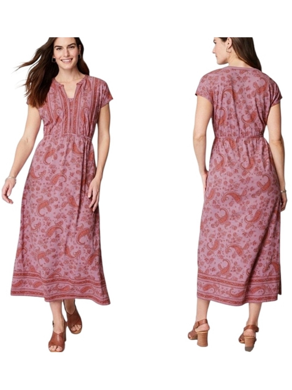 Pure Jill Border Print Maxi Dress Small Petite Pink Purple Paisley Casual NWT - Picture 2 of 16